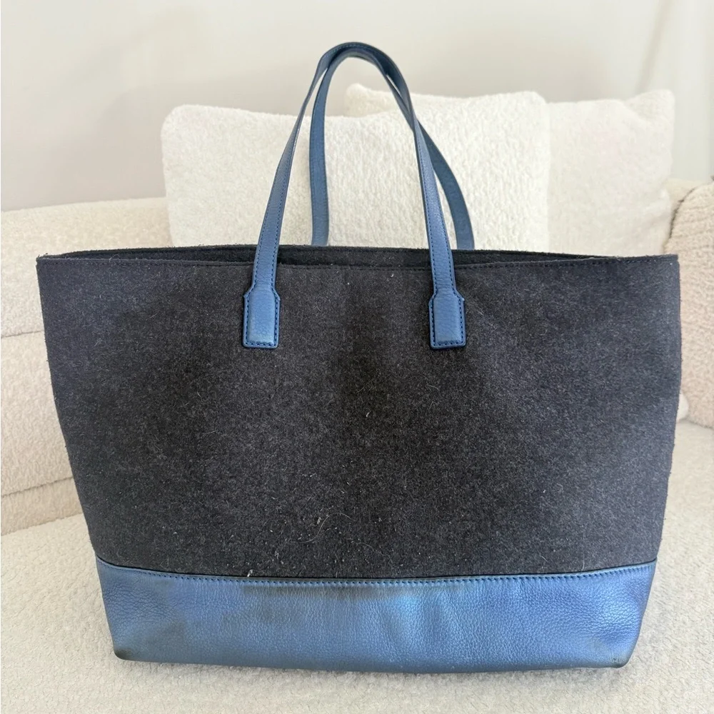 Tory Burch Emma Gray Wool & Metallic Blue Leather Tote‎ Bag